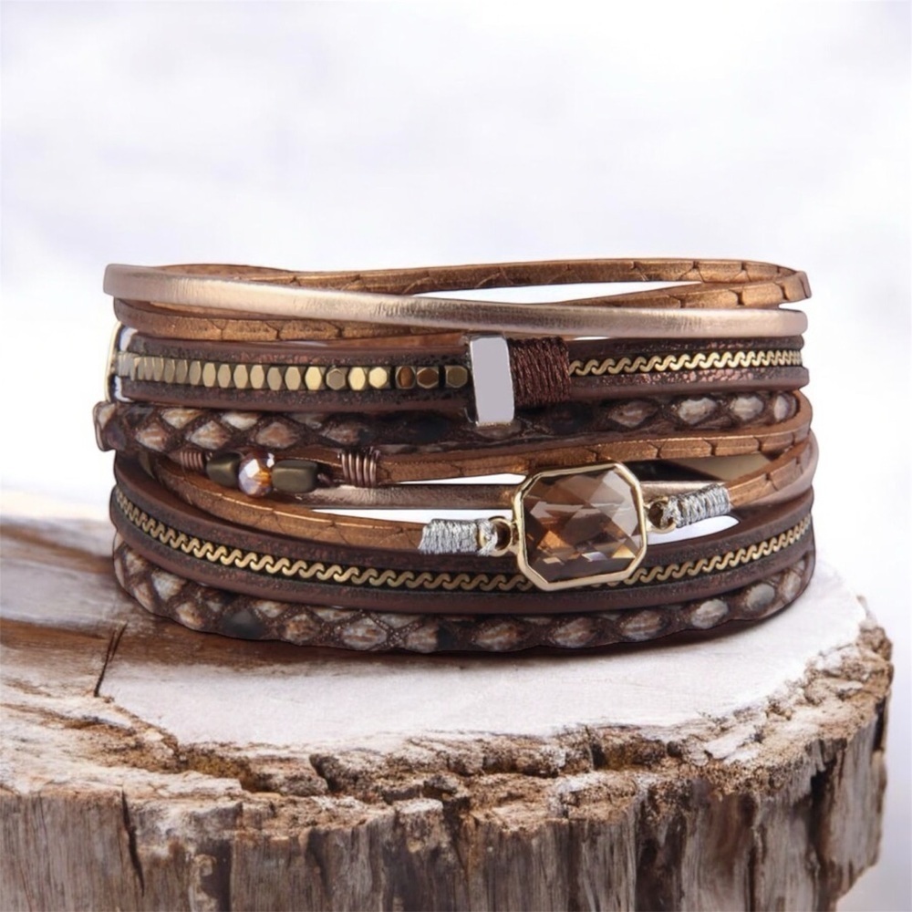 NWT Boho Multi-Layered Faux Leather Cuff Bracelet Size 15.16”